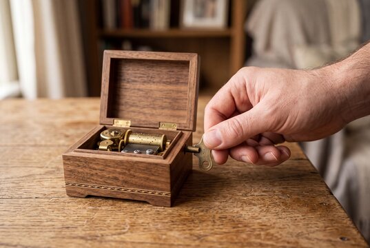 A hand turning the key to play a wooden music box, creating a nostalgic melody.