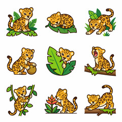 Obraz premium Cute baby leopard cub in various playful jungle poses cartoon illustration