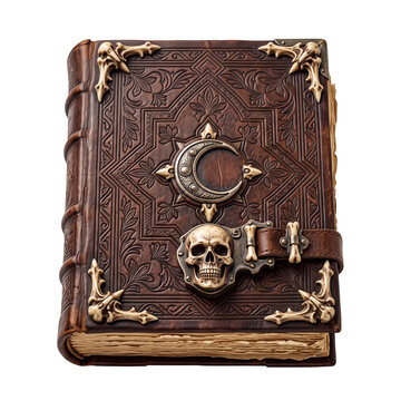 Ancient fantasy grimoire with skull clasp on transparent background