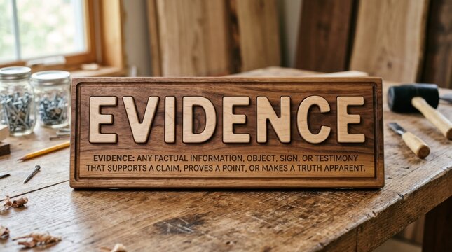 Wooden Sign with Evidence and Definition Legal Concept Proof Justice