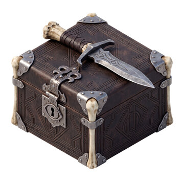 Ancient fantasy treasure chest with bone accents and a ritual dagger