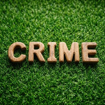 Wooden Letters Spelling CRIME on Green Grass Field Abstract Concept