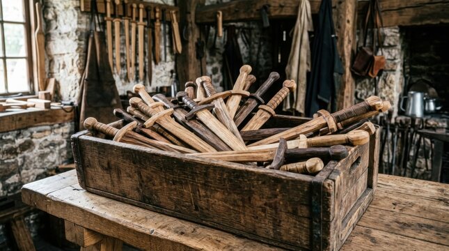 Wooden Swords in Rustic Crate Medieval Workshop Artisan Craftsmanship Historical Reenactment Tools