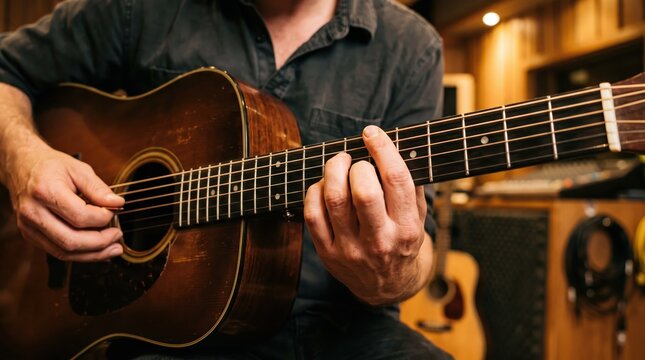 Musician playing an acoustic guitar in a recording studio, focusing on hands strumming strings and fretting chords, representing music creation, songwriting, practice, musical