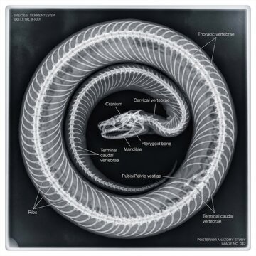 X ray of a Snake Skeleton Coiled Up Anatomy Study Medical Imaging Reptile Bones Vertebrae and Skull Detail