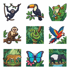 Obraz premium Jungle wildlife collection featuring tropical animals and plants