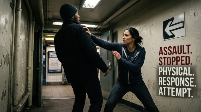 Woman Fighting Attacker in Subway Tunnel Physical Response to Assault