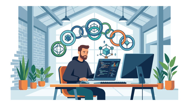 Professional programmer working on blockchain technology and smart contracts in industrial loft office flat vector illustration