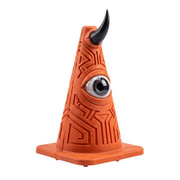 Surreal orange monster traffic cone with single eye and horn