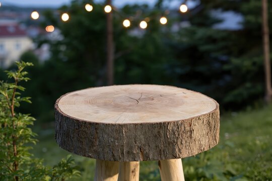 Wooden slice table with outdoor string lights
