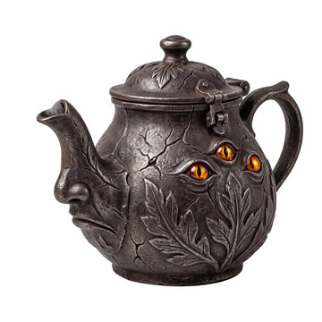 Gothic fantasy teapot with glowing eyes on transparent background