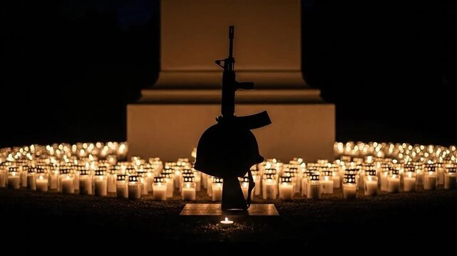 Silent tribute with a soldier helmet, rifle, and glowing memorial candles for fallen heroes, remembrance and respect concept