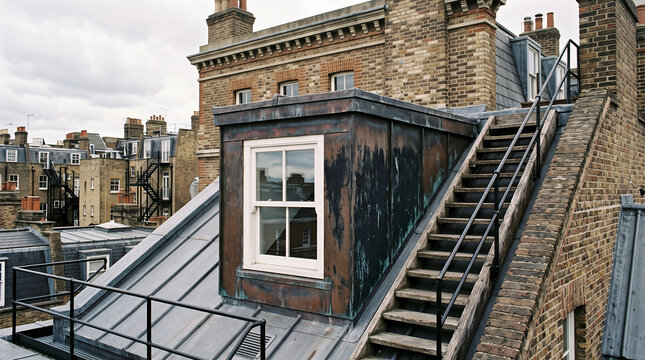 Exterior view of a metal roof dormer with a white sash window and an adjacent wooden staircase, set against a brick urban building rooftop