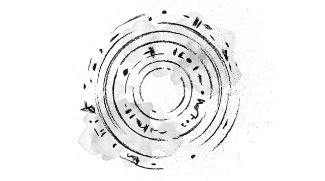 Cryptic circular symbols surround a light central cloud with calligraphic scratch marks in dark ink as a PNG isolated transparent background graphic