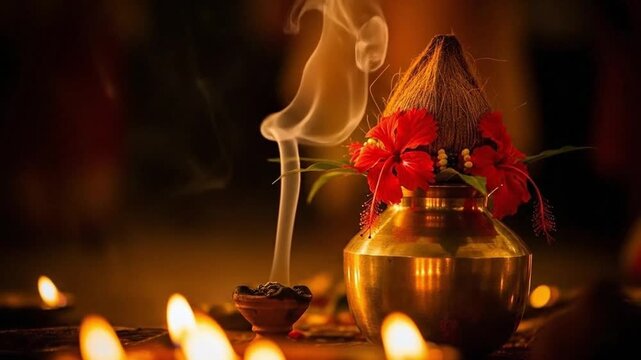 Traditional Indian Kalash with coconut and red hibiscus flowers for Hindu prayer rituals and puja ceremonies with incense smoke