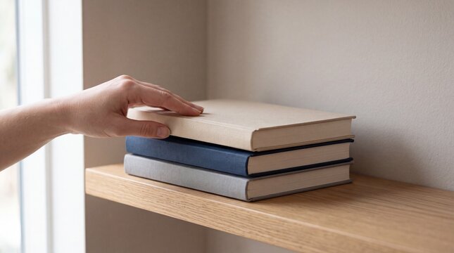 A hand reaching for a stack of books on a wooden shelf.