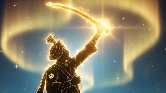 Sikh warrior silhouette holding a kirpan sword under northern lights with starry night sky