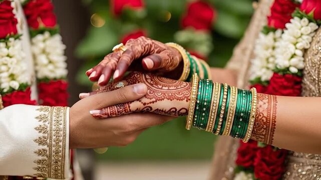 Indian bride and groom holding hands with henna tattoo and green bangles during traditional wedding ceremony