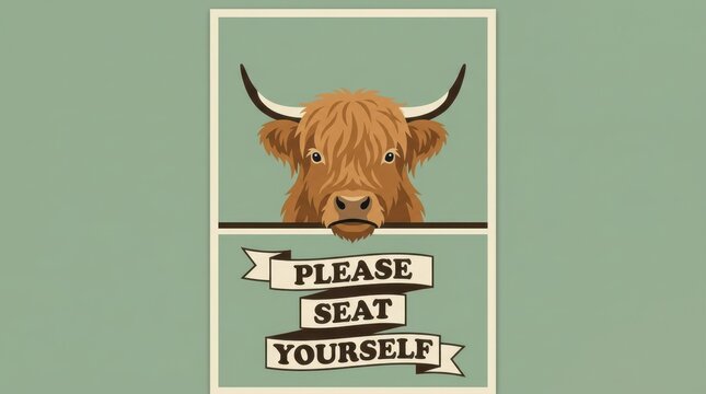 Humorous retro flat illustration of a shaggy brown Highland cow head with horns, peeking over banner 'PLEASE SEAT YOURSELF' text, against muted green background, perfect for quirky pub or restroom sig