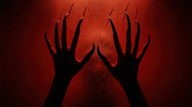 Horrific demonic hands with extremely long, sharp, pointed nails aggressively scratching a textured, blood-red illuminated surface, casting dark silhouettes and creating an unsettling, terrifying, and
