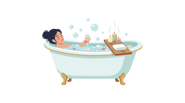 Relaxed woman taking a luxury bubble bath with wine and aromatic candles flat vector illustration.