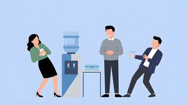 A conceptual illustration of office workers by a water cooler, depicting workplace dynamics, social exclusion, office gossip, and professional relationships.