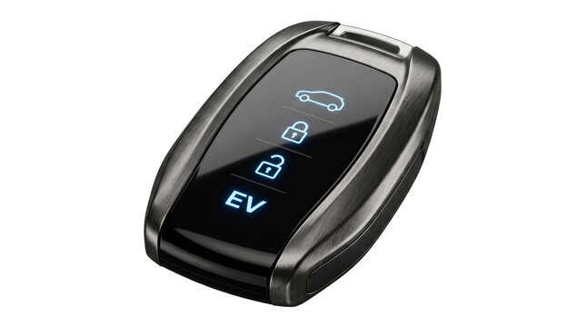 Modern electric vehicle smart key fob featuring glowing blue neon function buttons on transparent background
