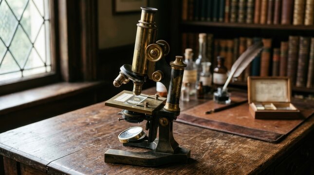 Vintage Brass Microscope on Wooden Desk with Bookshelf and Quill Pen Scientific Discovery Concept