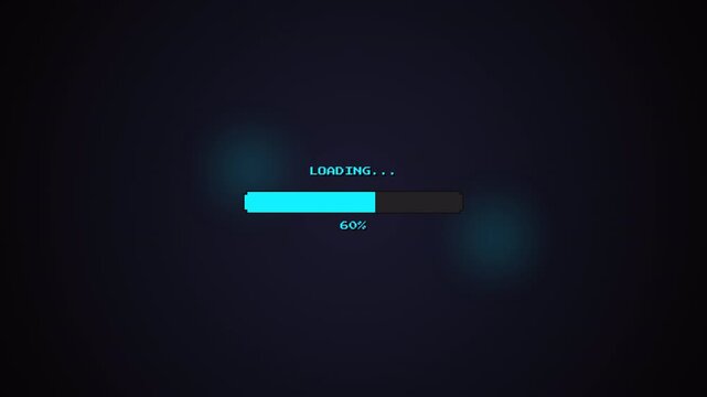 Minimalist Dark Screen Showing a Loading 8 Bit Retro Progress Bar with Glowing Cyan Pixelated Text and Vintage Digital Interface Elements Featuring a Bright Blue Status Indicator and Pixel Art Aesthet