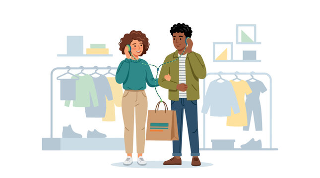Happy young couple sharing headphones and listening to music while shopping in clothing boutique flat vector illustration.