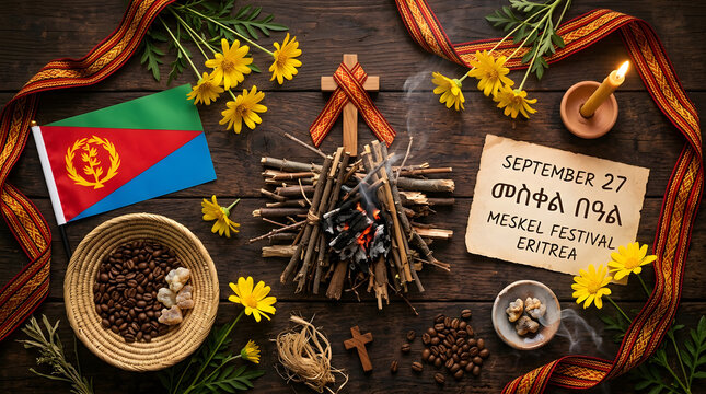 Meskel Festival flat lay with Eritrean flag and bonfire on wood