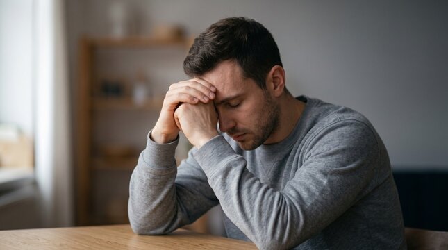 Man with head in hands contemplating life's challenges, embodying mental wellness and introspection