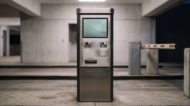 Automated Parking Payment Machine with Screen and Card Reader in an Empty Underground Garage with Barrier