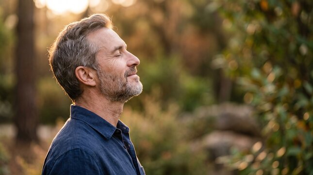 Mature man with eyes closed breathing deeply in nature, embracing tranquility and mental wellness