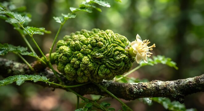 Close-up of a green textured noni fruit growing on a branch alongside a delicate white flower in a lush tropical forest