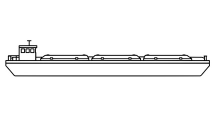 Black outline vector icon of a long flat-bottom cargo barge with wheelhouse and three covered holds drawn with thin black lines in side profile composition highlighting hull and deck form © Rebecca