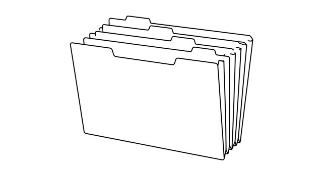 Black outline vector icon of a stack of expanding folders with indexing tabs and upright pleated sides, drawn with medium lines in angled composition suggesting organized document storage