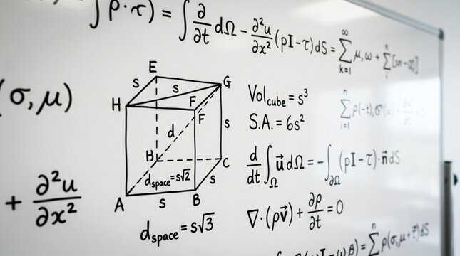 Mathematical Physics Formulas and Geometry Cube Sketch on Transparent Background Isolated on White