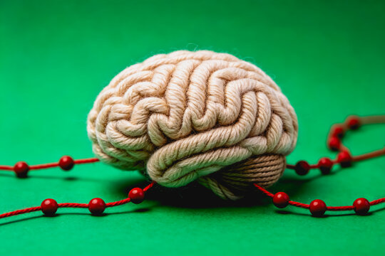 A handmade knitted brain model with red bead strings against a solid green background, representing neural connections.