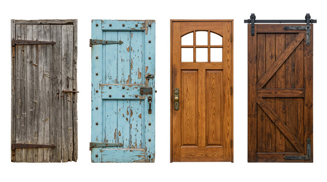 Various rustic wooden doors featuring different styles and vintage metal hardware elements on transparent background