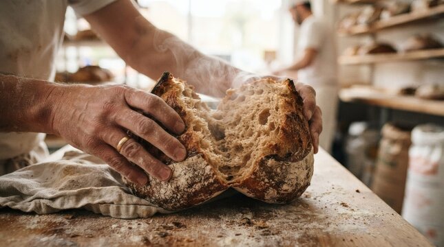 Baker breaking fresh artisan bread with steam rising in a bakery