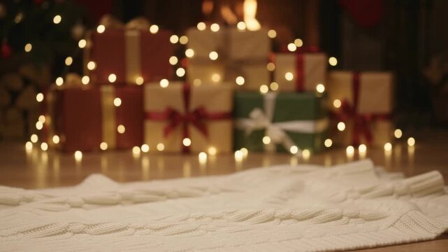 Cozy White Knitted Blanket in Foreground with Blurred Christmas Presents and Warm Fairy Lights Bokeh Background
