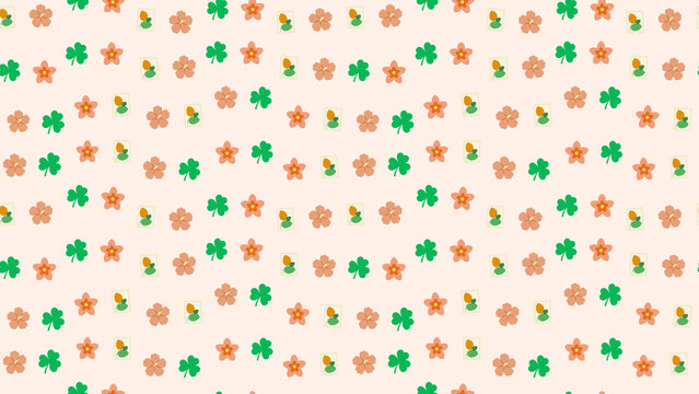Seamless pattern of shamrocks, flowers, and acorns