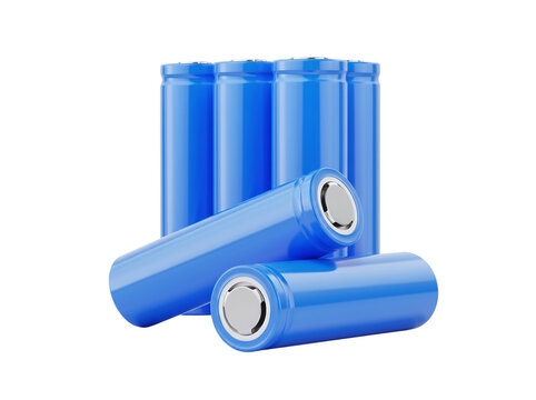 Group of blue lithium ion cylindrical batteries arranged for energy power storage technology and electric vehicle components.
