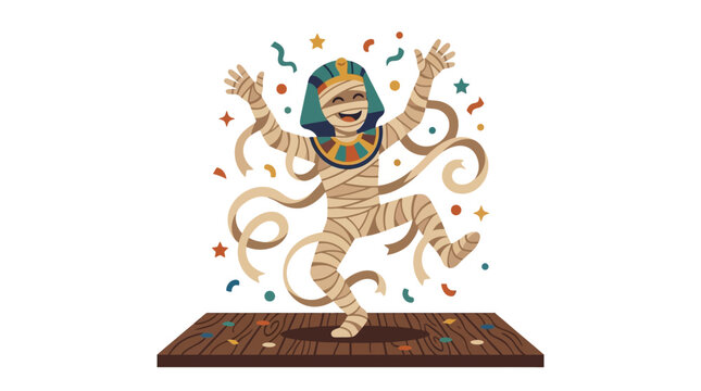 Playful Egyptian mummy character dancing and celebrating on wooden stage with colorful confetti flat vector illustration.