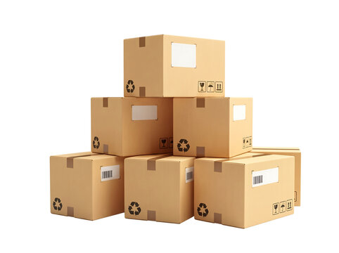 Stacked brown cardboard boxes with shipping symbols and barcodes ready for delivery and logistics services.