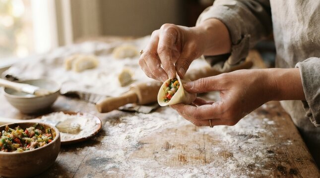 Hands making dumplings with fresh vegetables filling on a floured wooden table