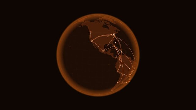 Americas network: glowing connection arcs over a rotating 3D globe. Seamless looping 4K animation of the network of connections across North and South America.