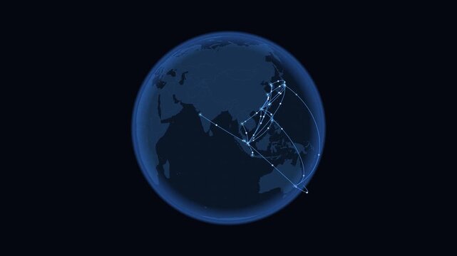 Asia-Pacific network: glowing connection arcs over a rotating 3D globe. Seamless looping 4K animation of the network of connections across the Asia-Pacific region.