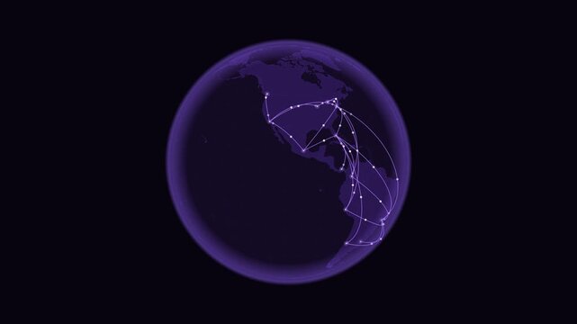 Americas network: glowing connection arcs over a rotating 3D globe. Seamless looping 4K animation of the network of connections across North and South America.